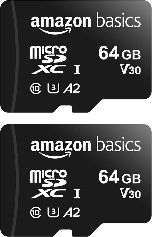 Amazon Basics MicroSDXC UHS-I Class 10 Memory Card with Adapter, Full Size, A2, U3, V30, 4K, Read Speeds up to 100MB/s, 64GB (2-Pack) (OPEN BOX)