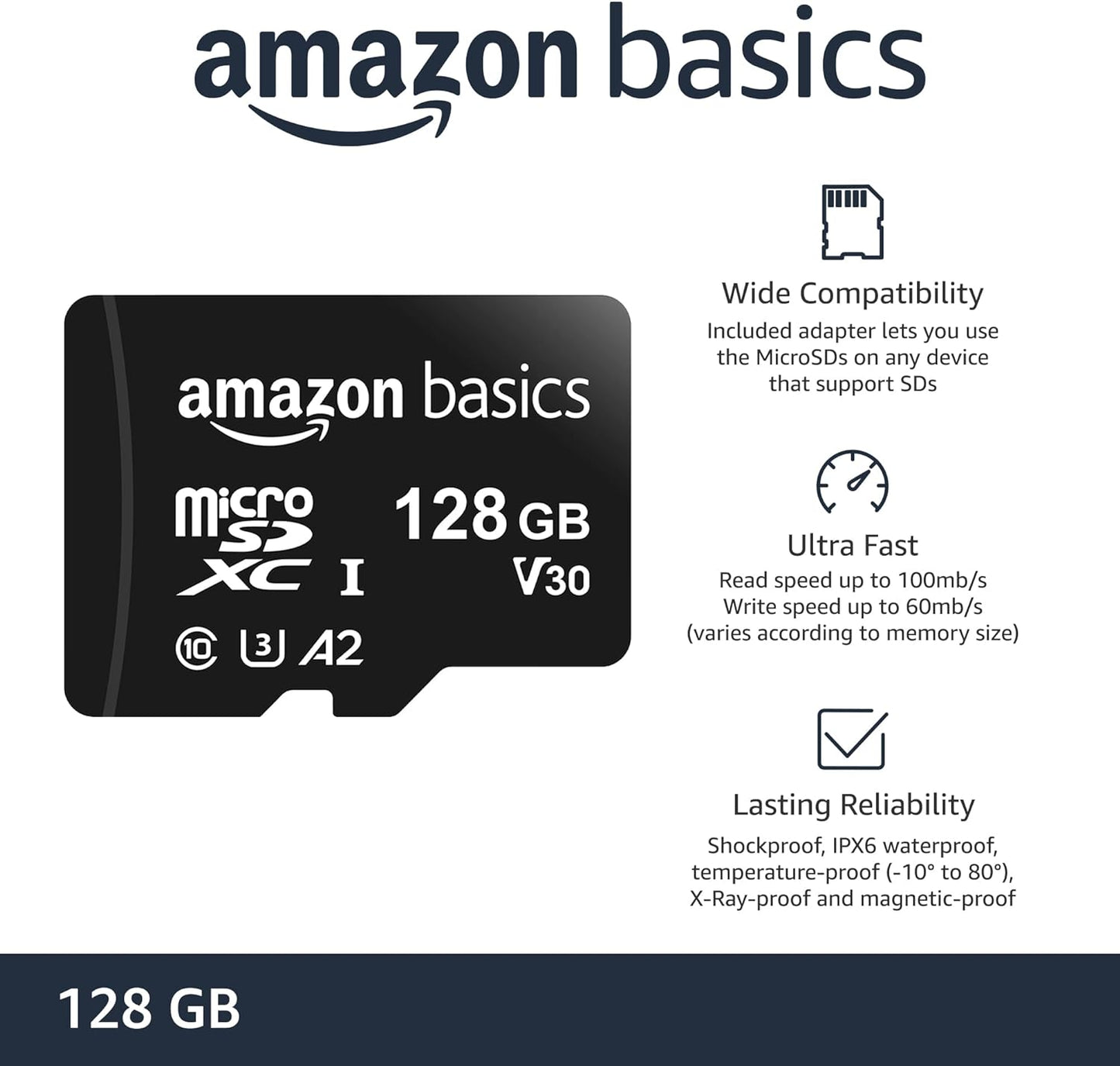 Amazon Basics Micro SDXC Memory Card with Full Size Adapter A2 U3 Read Speed 128GB Black (OPEN BOX)