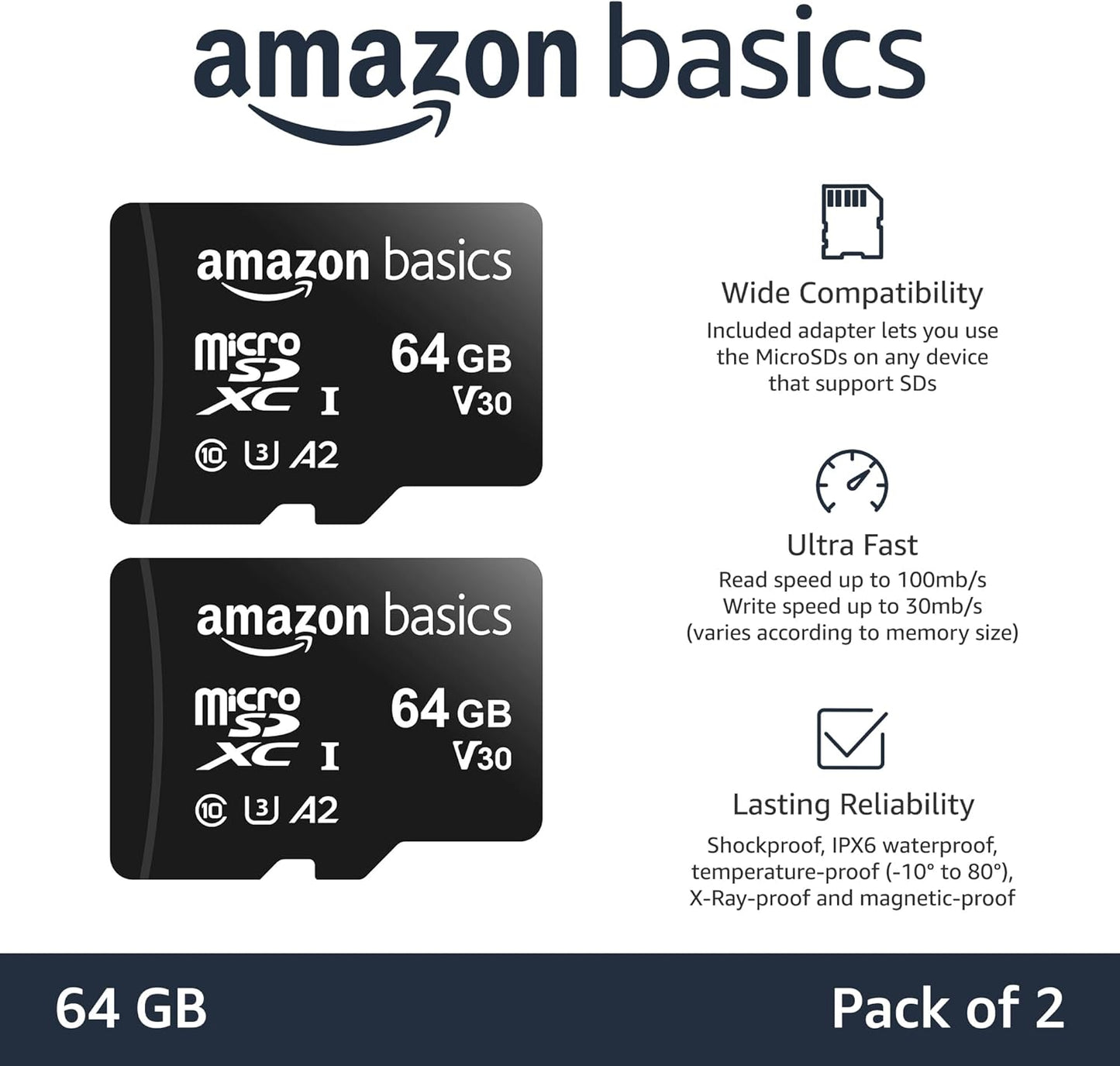 Amazon Basics MicroSDXC UHS-I Class 10 Memory Card with Adapter, Full Size, A2, U3, V30, 4K, Read Speeds up to 100MB/s, 64GB (2-Pack) (OPEN BOX)