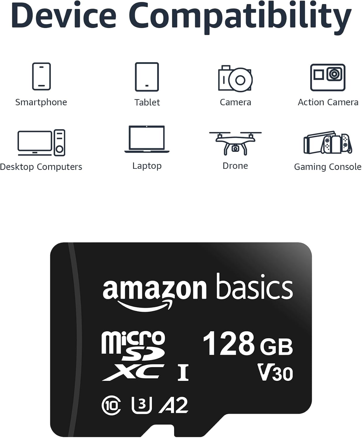 Amazon Basics Micro SDXC Memory Card with Full Size Adapter A2 U3 Read Speed 128GB Black (OPEN BOX)