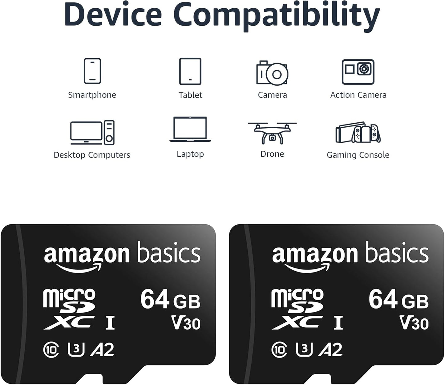 Amazon Basics MicroSDXC UHS-I Class 10 Memory Card with Adapter, Full Size, A2, U3, V30, 4K, Read Speeds up to 100MB/s, 64GB (2-Pack) (OPEN BOX)