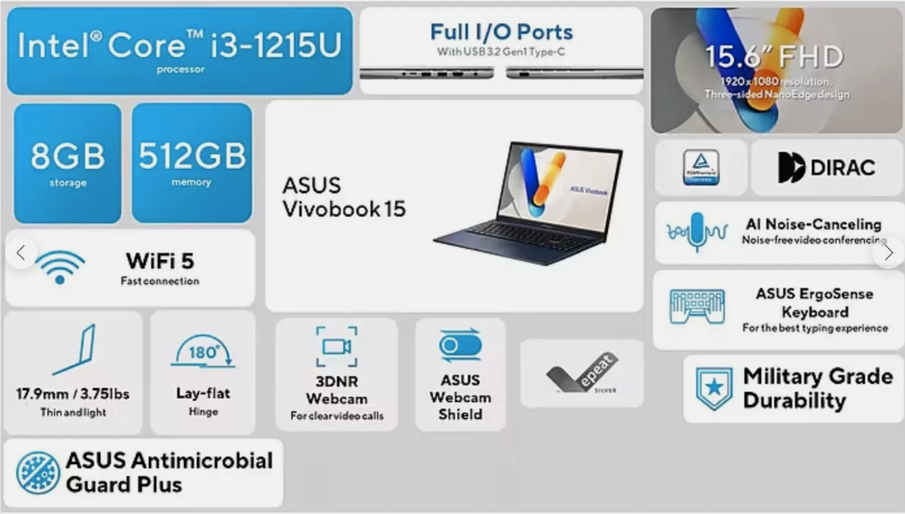 Asus Vivobook FHD 15.6" Laptop i3-1215U 8GB RAM 512GB SSD Backlit Keyboard