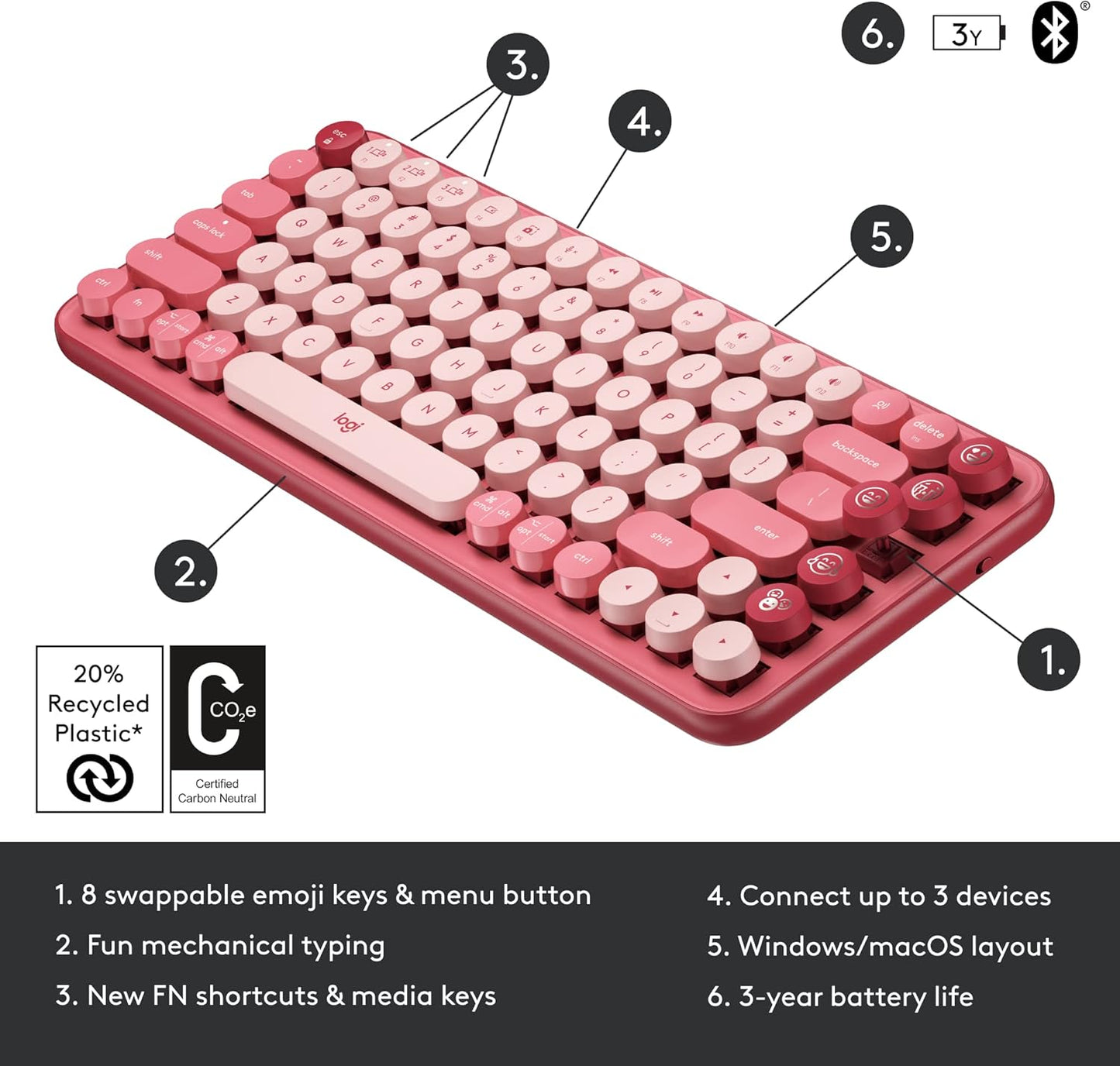 Logitech POP Mechanical Wireless Keyboard Durable Heartbreaker Rose ‎920-010709 (OPEN BOX)