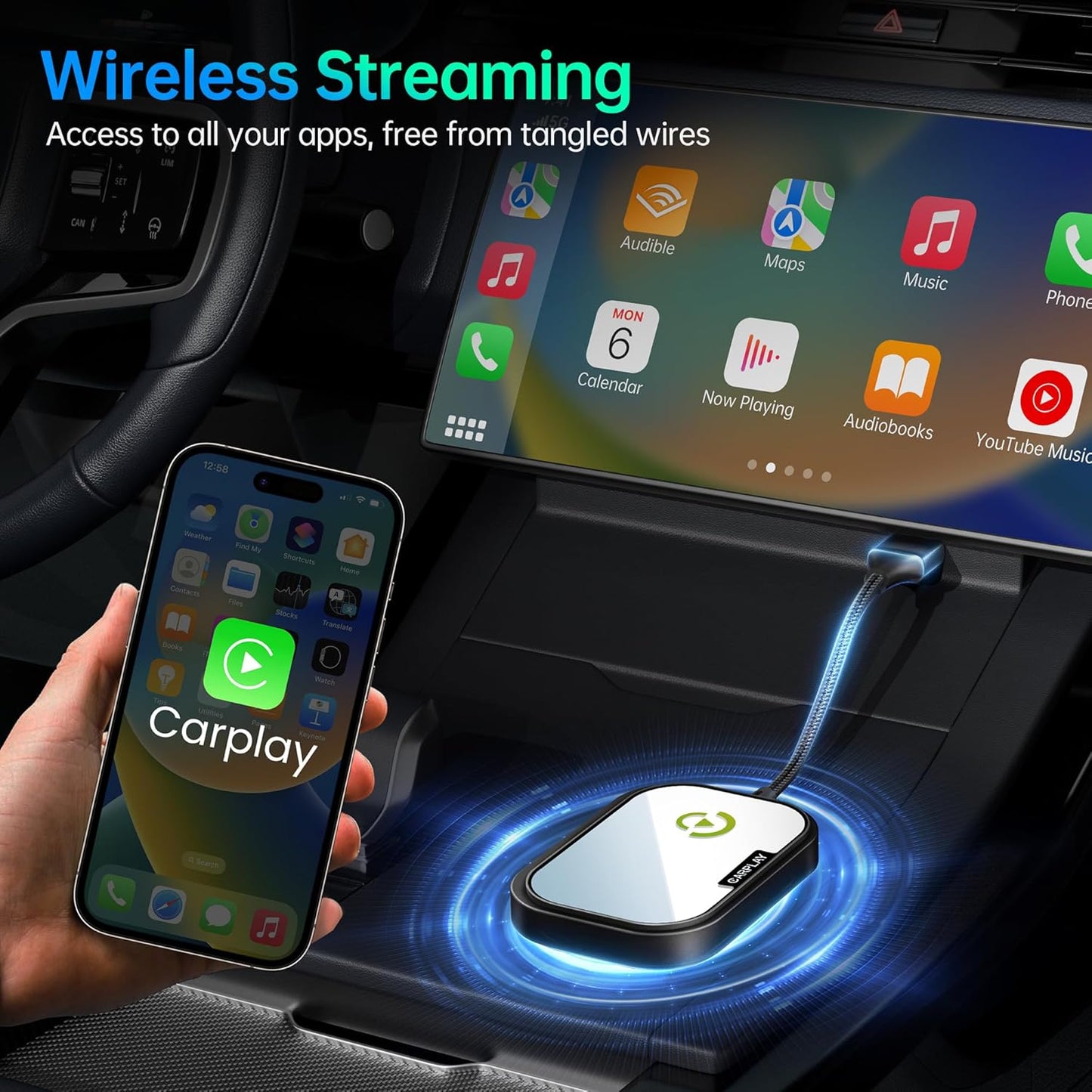 Wireless CarPlay Adapter for Apple iPhone, Wired to Wireless Black (YKCAA) (OPEN BOX)