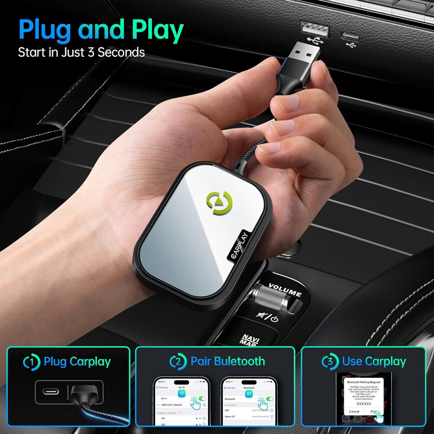 Wireless CarPlay Adapter for Apple iPhone, Wired to Wireless Black (YKCAA) (OPEN BOX)